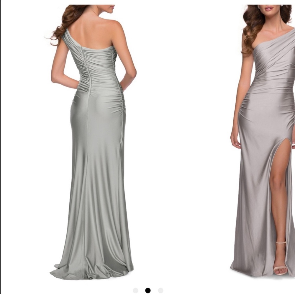 Long silver/gray one shoulder dress size 6, never worn with tags!